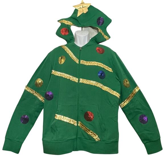 Mad Engine Christmas Tree Shaped Ugly Holiday Hoodie with Star Topper Size L - Picture 1 of 5